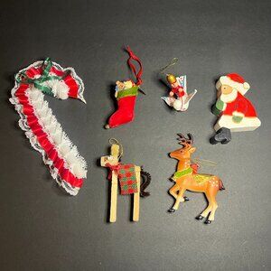 Vintage Lot of 6 Mixed Christmas Ornaments Ribbon Candy Cane, Bird, Santa & Deer